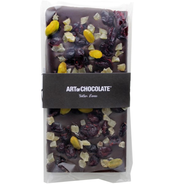Tafel Edelbitterschokolade mit Cranberries, Ingwer & Pistazienkerne